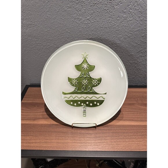 Lori Siebert Silvestri Hand Blown Glass Fusion Green Christmas Tree Plate 12" - Picture 1 of 4